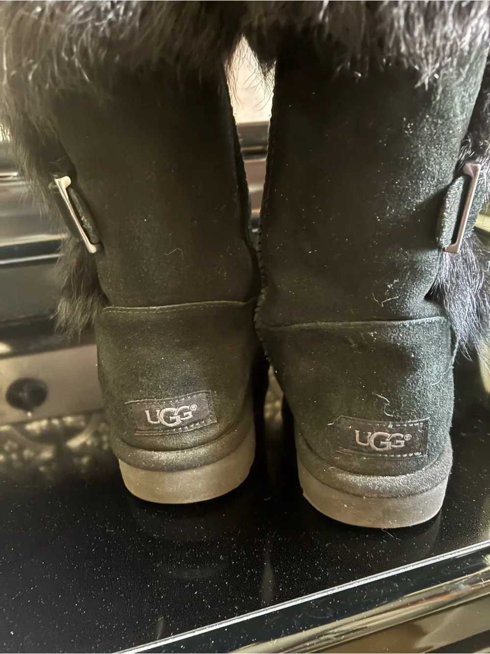UGG Black Suede Fur-Trim Mid-Calf Boots with Buckle